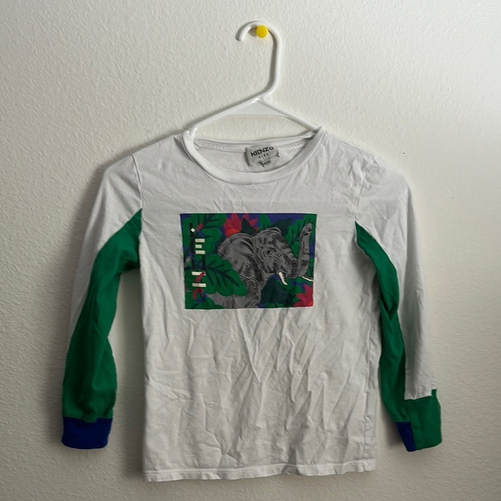 White and Green Kids Shirt with Elephant Print by Kenzo